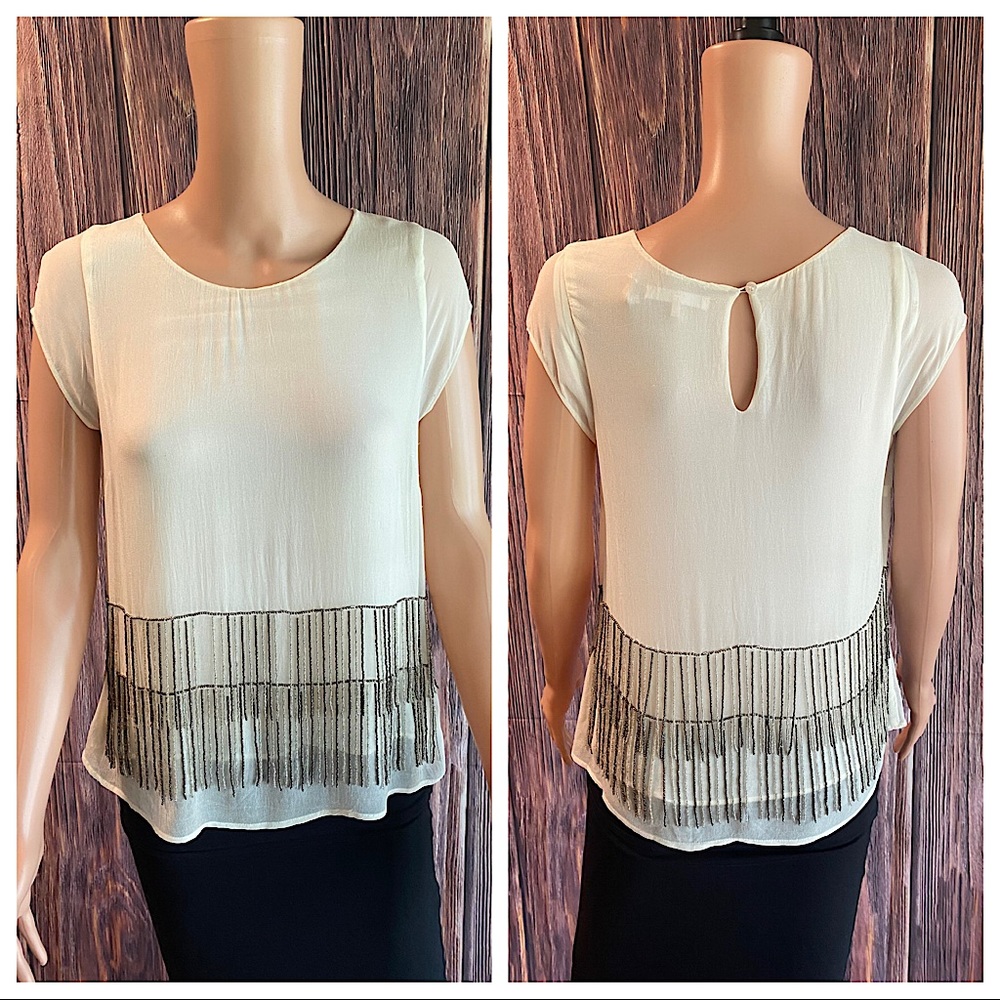 Anthropologie NFC white cream blouse with silver hand beaded tassel design